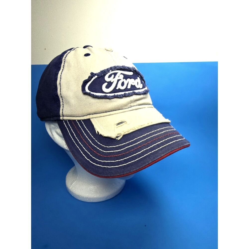 Ford Distressed Snapback Hat Official Licensed Blue Tan Logo Cap Bill Stitching